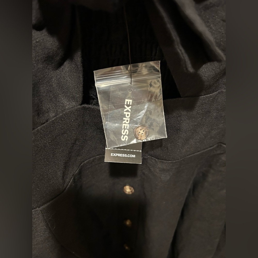 NWT Express Linen Blend Front Tie Smocked Midi Black Dress,Large - Picture 5 of 7